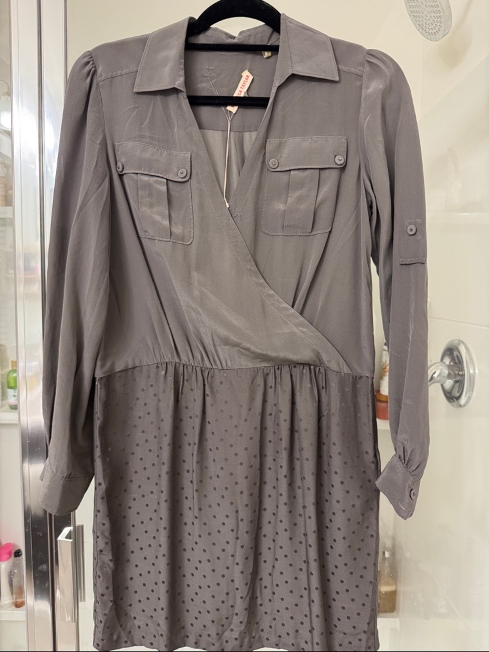 Woven Gray Long-Sleeve Wrap Dress
